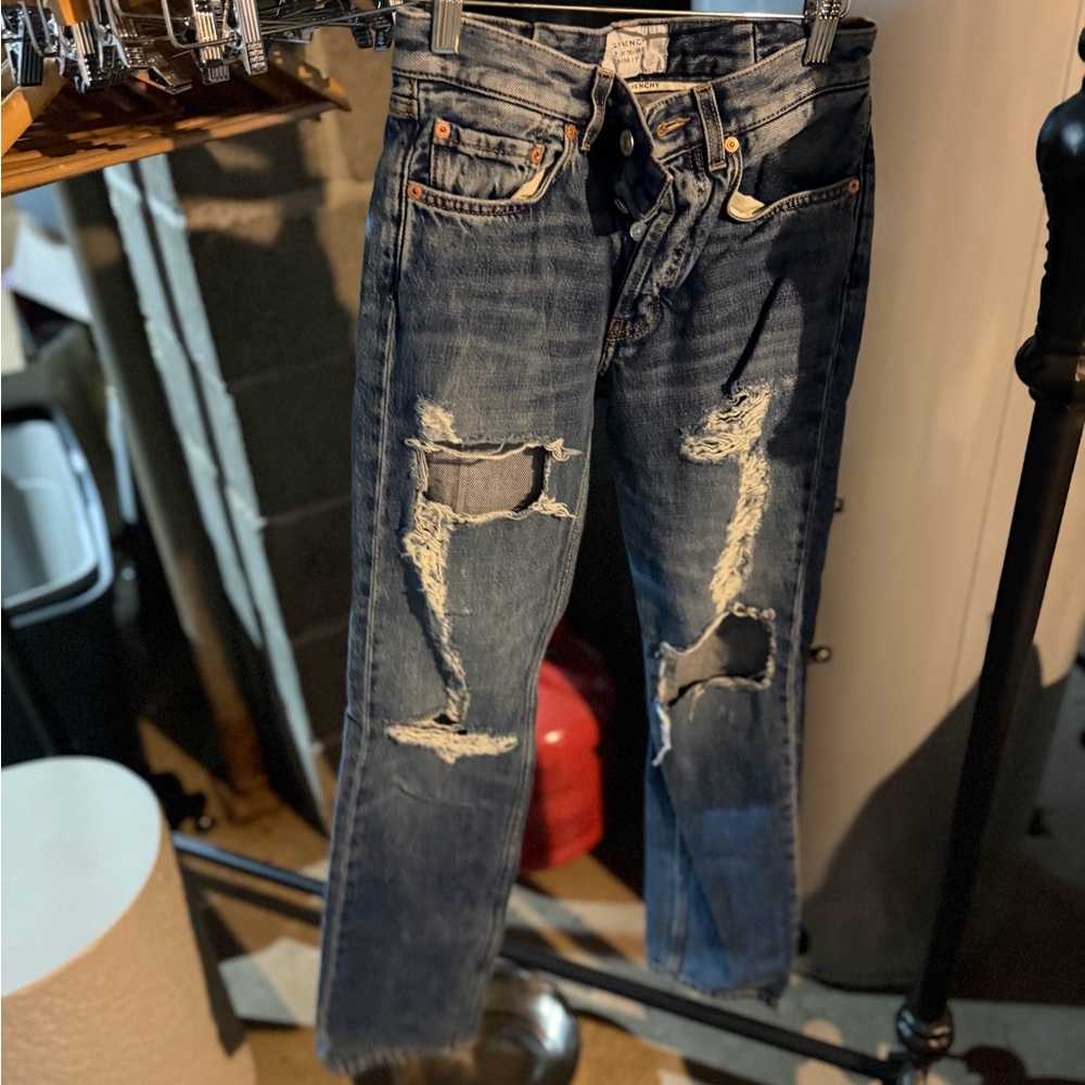 Givenchy Distressed Straight Leg Jeans - Dark Blue